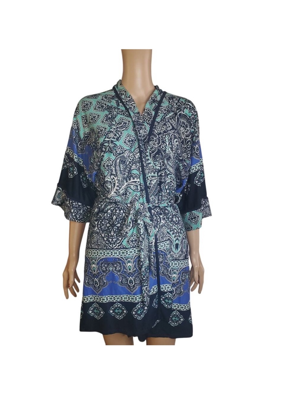 In Bloom Floral Paisley Navy & Teal Satin Robe with Belt • NWT • XL